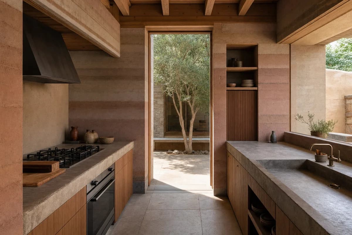 Deep-Reveal Kitchen, earth-walled house kitchen shaped by counters inhabiting deep wall recesses around a shaded court.