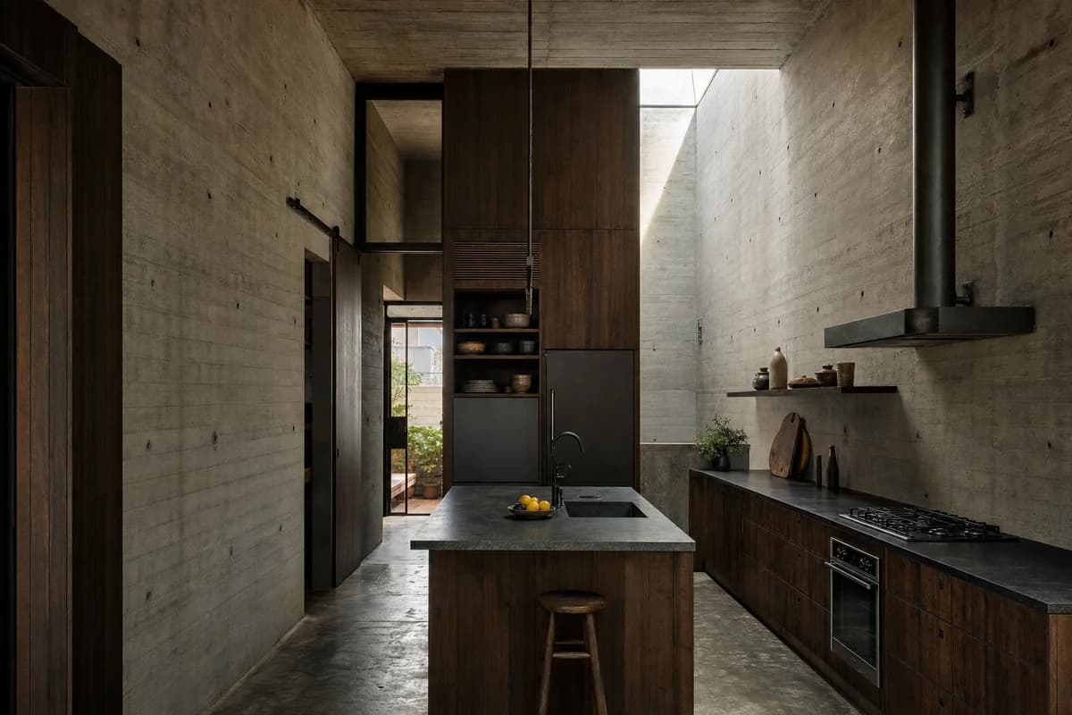 Quiet Concrete Kitchen, compact urban house kitchen shaped by a service core and island defining a tall narrow concrete room.