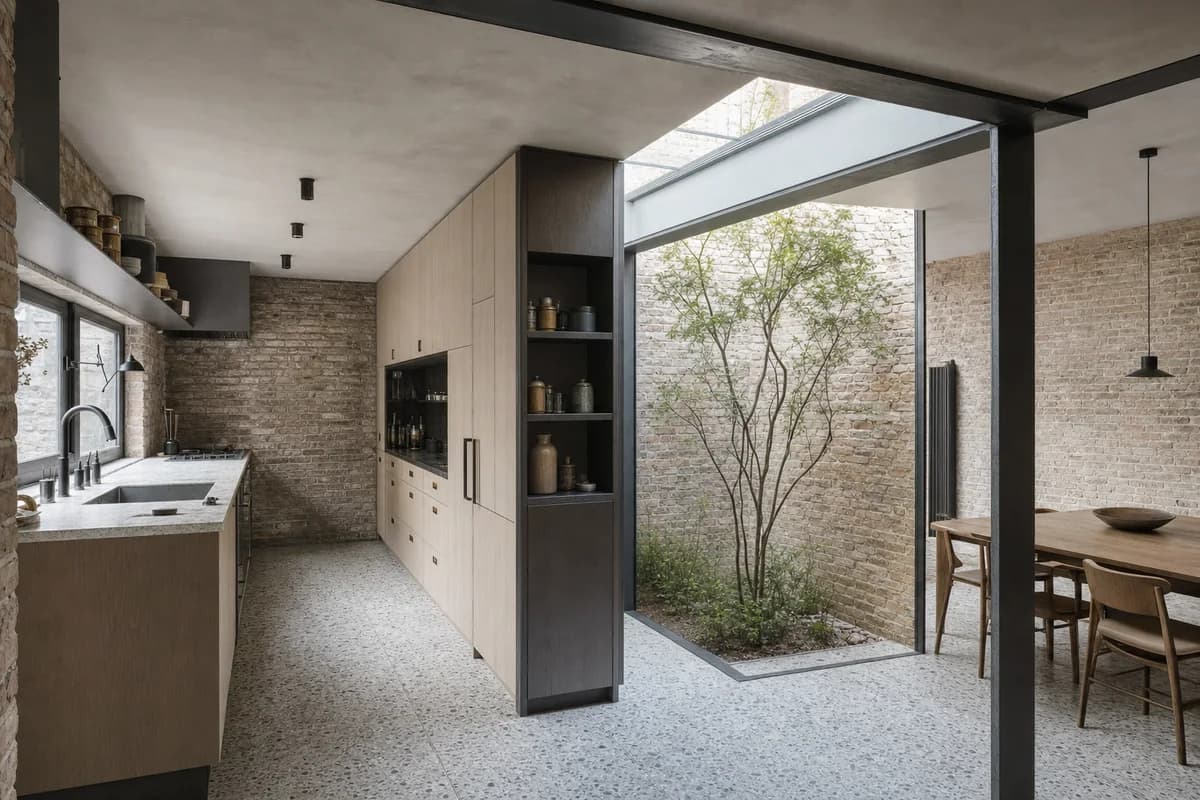 Rooflight Pantry Court, terraced house kitchen shaped by a pantry block creating an internal court beneath a linear rooflight.