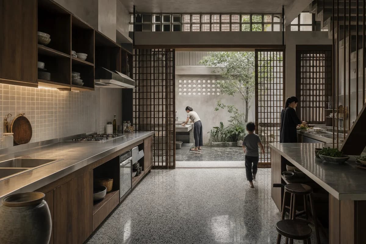Screened Monsoon Kitchen, courtyard dwelling kitchen shaped by a cooking zone opening through sliding screens to a wash court.