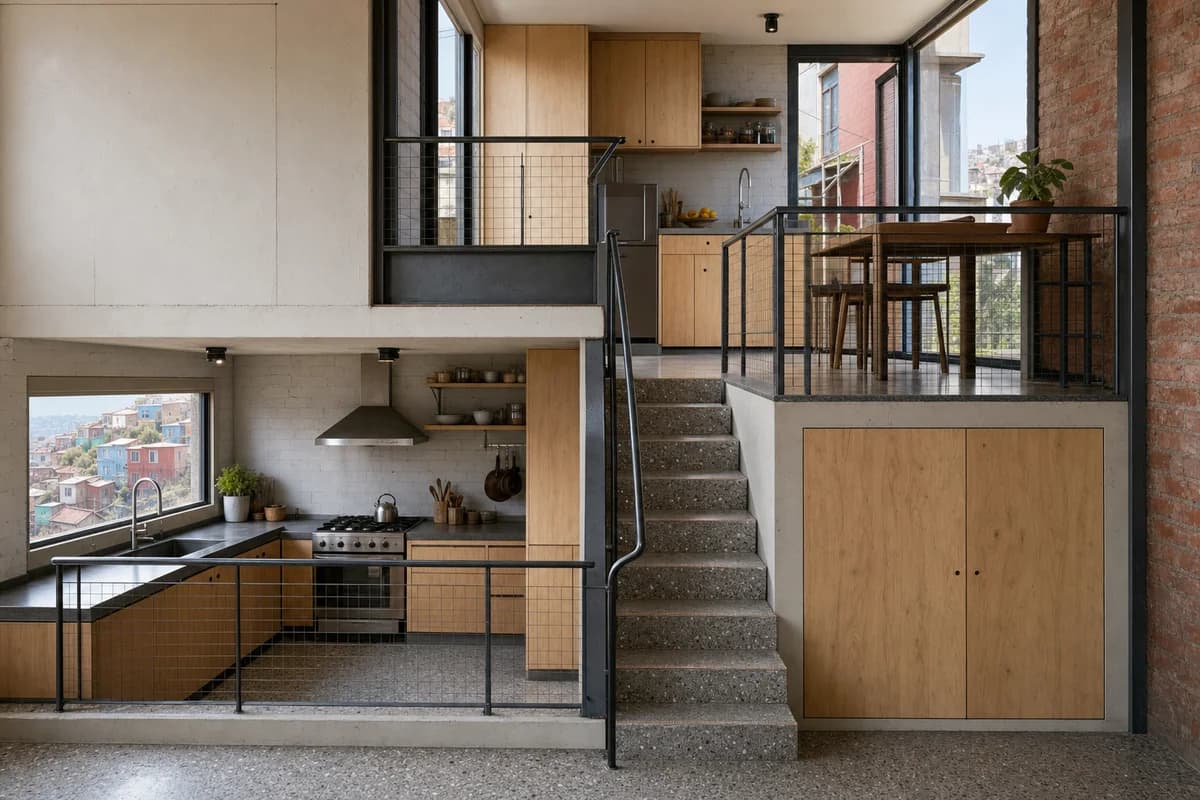 Split-Datum Kitchen, hillside dwelling kitchen shaped by preparation and dining zones retained on two distinct half-levels around one stair, with a guarded upper platform.