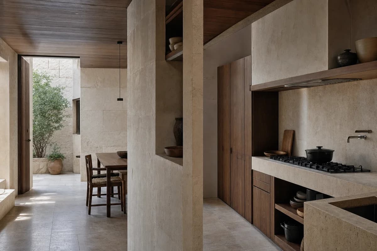 Stone Spine Kitchen, courtyard apartment kitchen shaped by a thick service spine separating cooking from shaded dining.