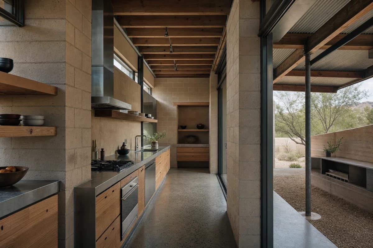 Thermal-Mass Kitchen, desert-edge house kitchen shaped by a kitchen wrapping a thick thermal wall and shaded exterior room.