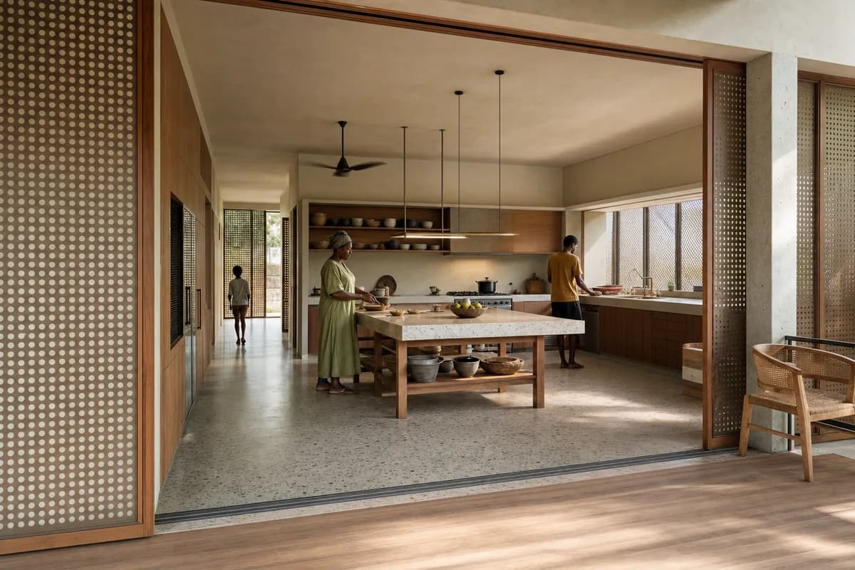 Veranda Worktable, multigenerational kitchen shaped by a central worktable mediating the enclosed kitchen and shaded veranda.