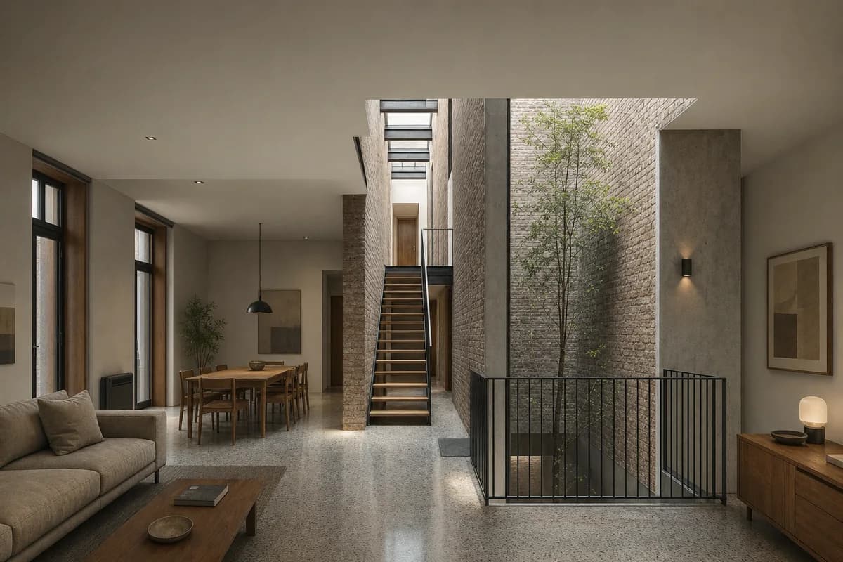 Brick Infill Hall, townhouse living and dining room organized by retained party walls framing a top-lit hall with a coherent stair and adjacent lightwell.