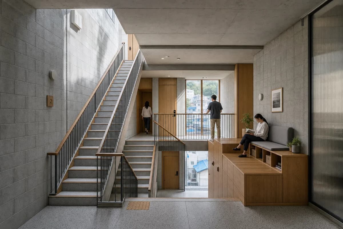 Cliff-Town Living Stair, vertical-house commons organized by aligned stair flights meeting a full-depth landing and one protected widened platform for seating and storage.