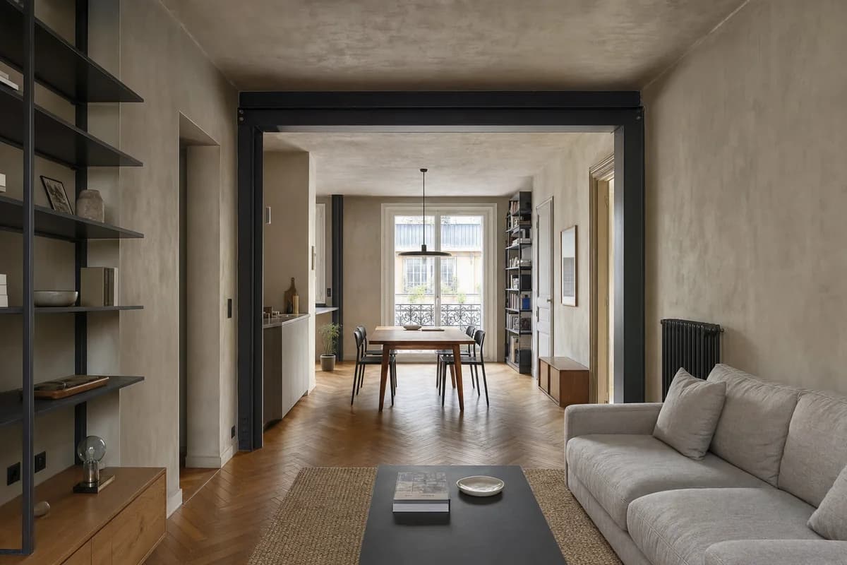 Double-Aspect Quiet Room, apartment living room organized by a shallow room connecting street window and rear court.