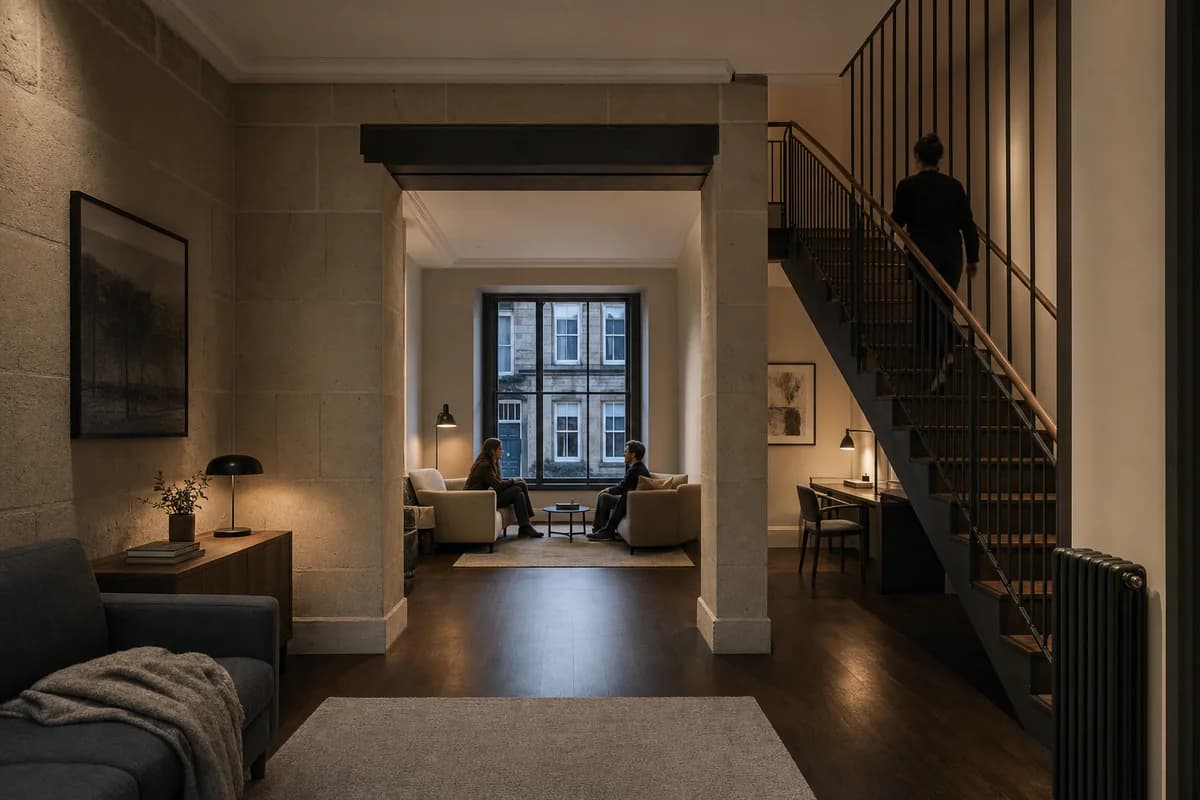 Evening Masonry Room, townhouse living room organized by a nested seating bay and stair core forming restrained light pools.