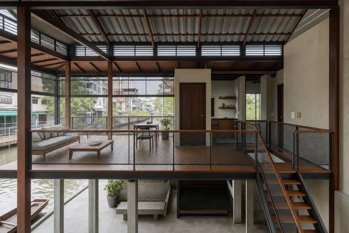 Floodable-Ground Living Deck, raised-house living room organized by an elevated flood-clear living deck surrounding a compact service core, stair, and required floor openings.