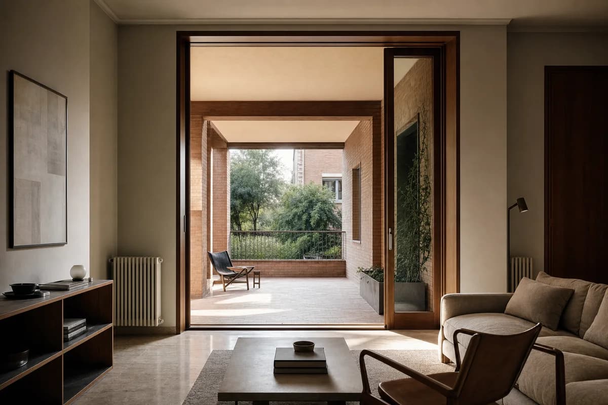 Masonry Loggia Room, apartment living room organized by the interior extending into a deep brick loggia.