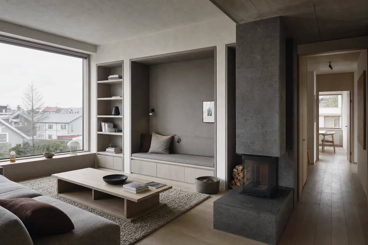 Northern Textile Room, family living room organized by built-in textile-lined alcoves organizing a compact plan.