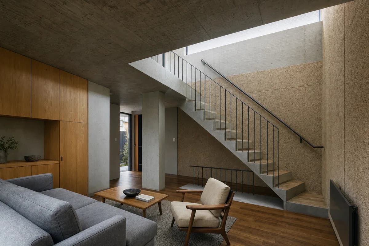 Roof-Plate Living Room, compact concrete-house living room organized by one visibly load-bearing concrete roof plate rising over a compact wall-hugging stair to form a continuous clerestory slot, with a normal sofa, armchair, and built-in oak cabinet defining a clear living zone beside—not beneath—the stair.