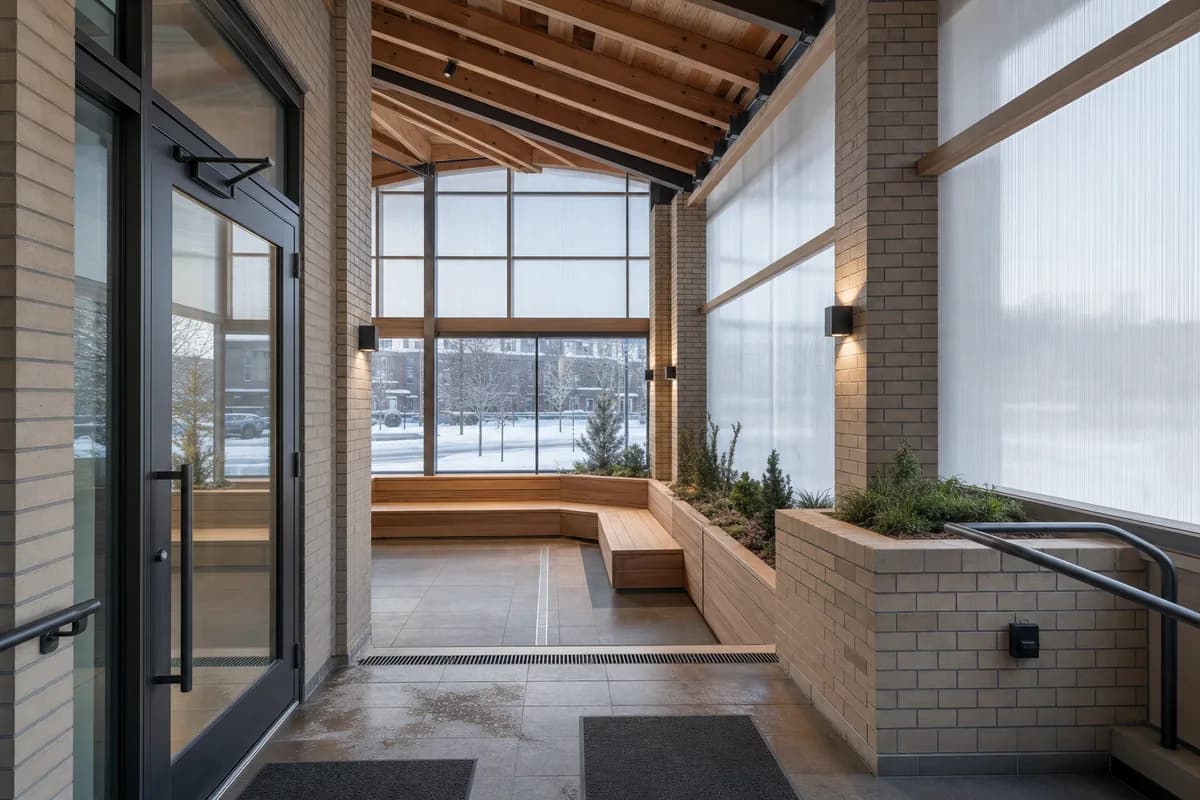 Double-height winter garden with brick piers, translucent panels, and a protected tiled vestibule.