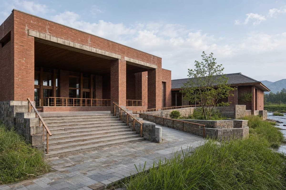 Unoccupied brick assembly hall with a raised terrace and continuous ramp
