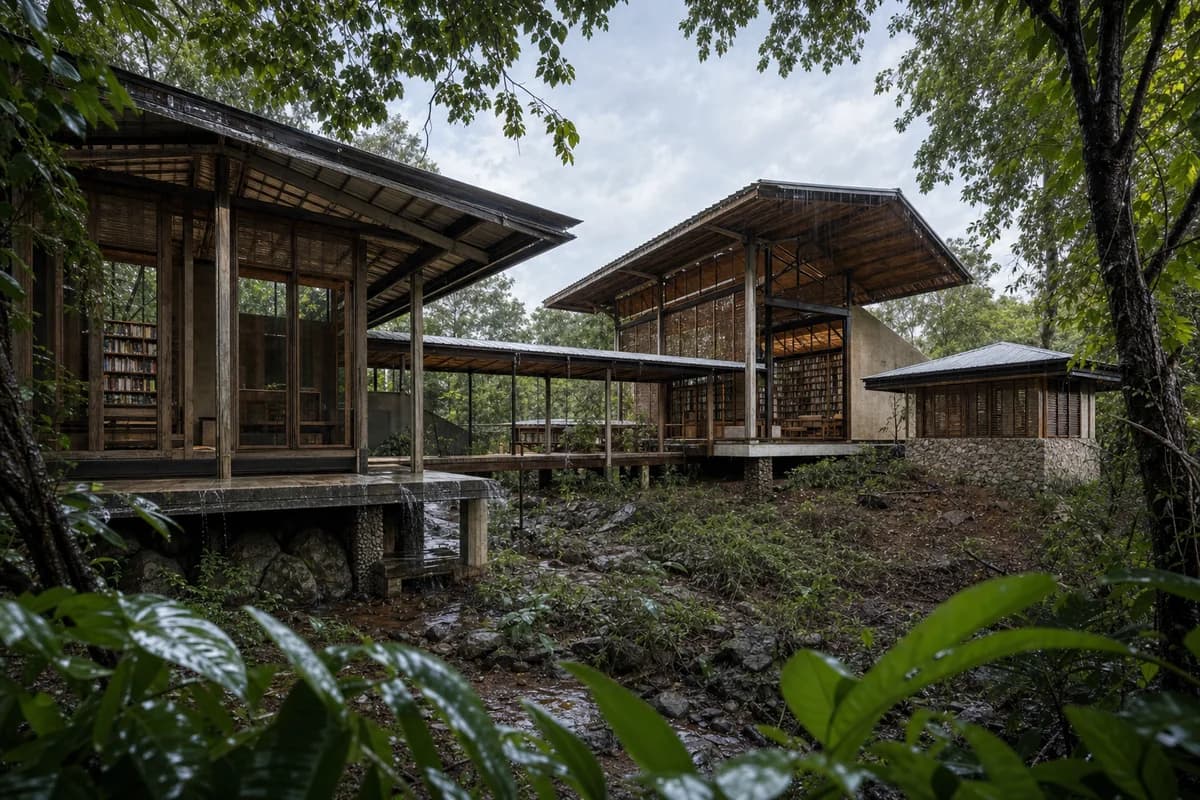 Raised reading pavilions connected beneath broad monsoon roofs