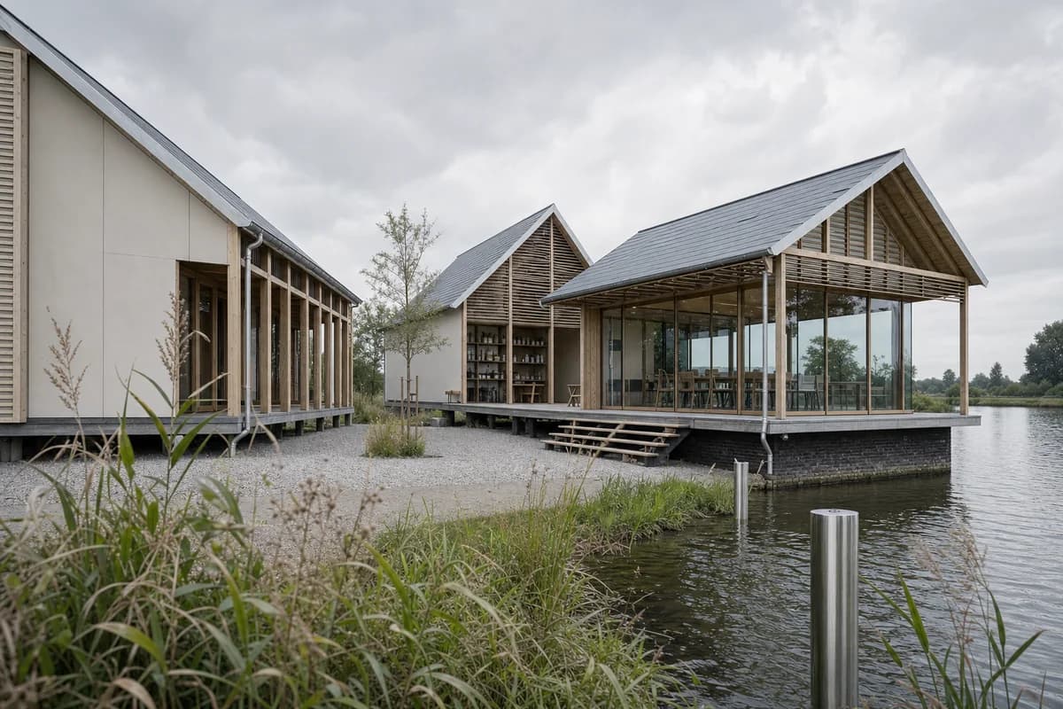 Three raised research pavilions around a porous canal-edge court