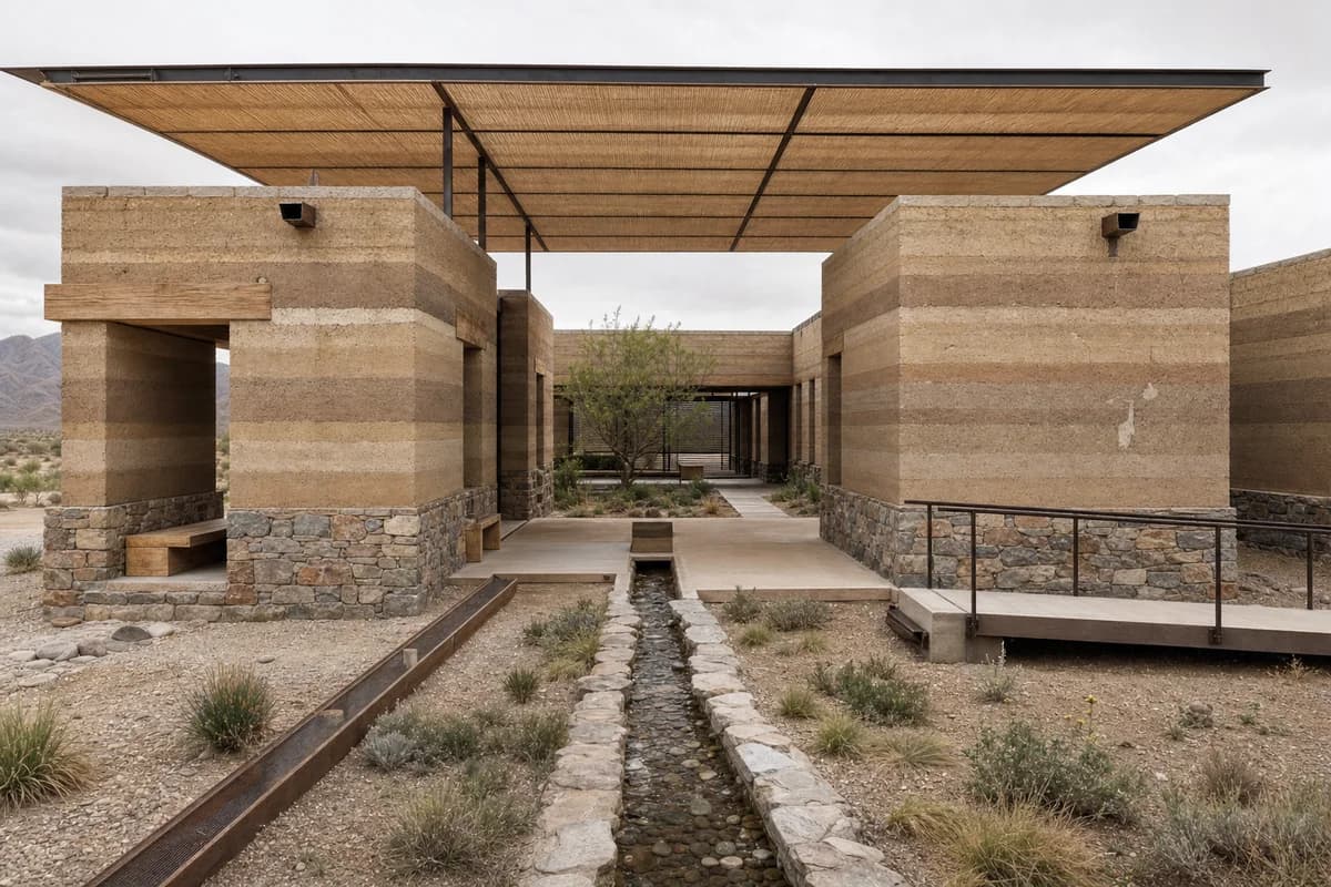 Unoccupied rammed-earth interpretation center surrounding a shaded water court