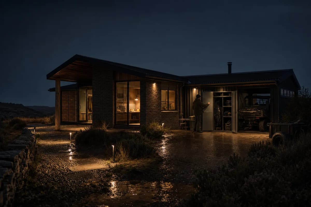 Low ranger base lit by restrained practical light under a dark sky