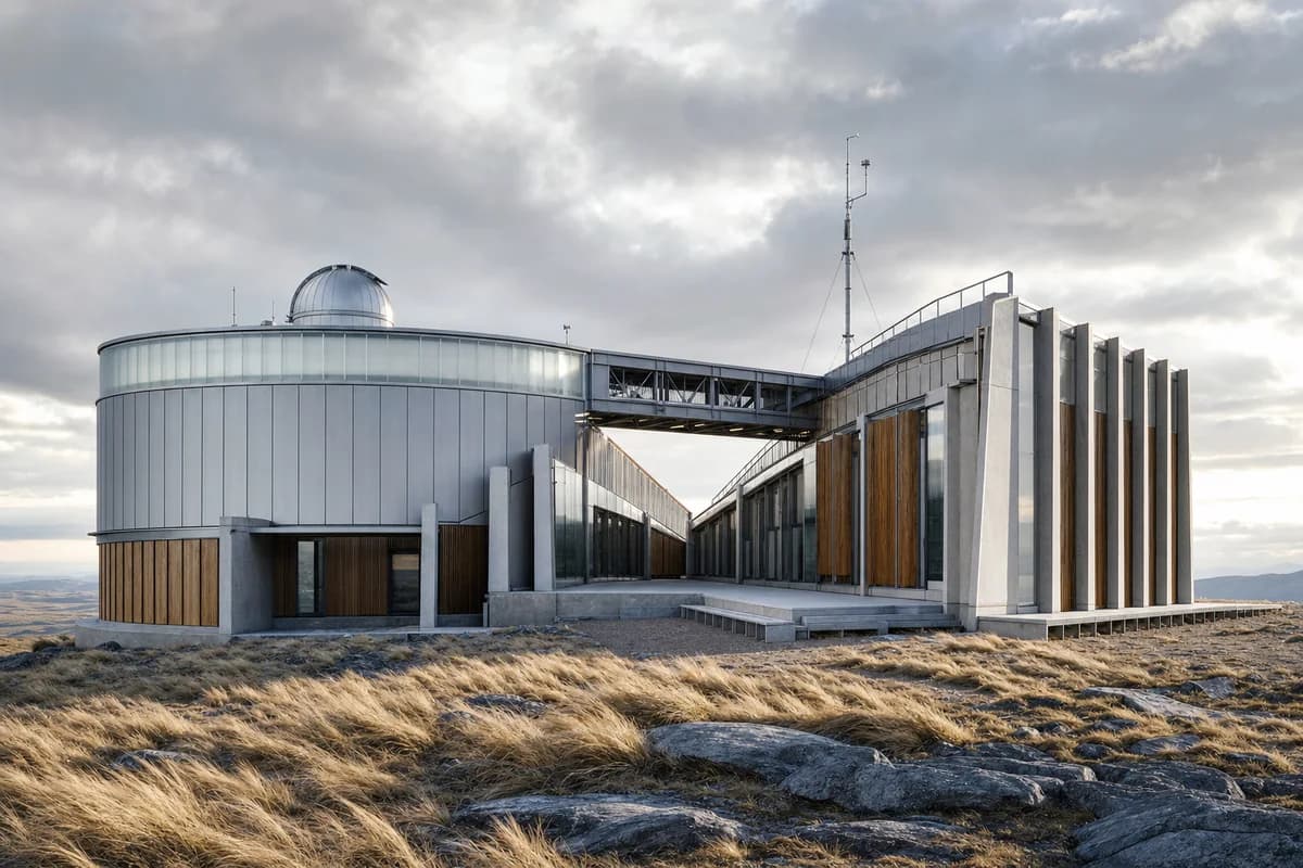 Circular observatory and offset research wings on a windy plateau