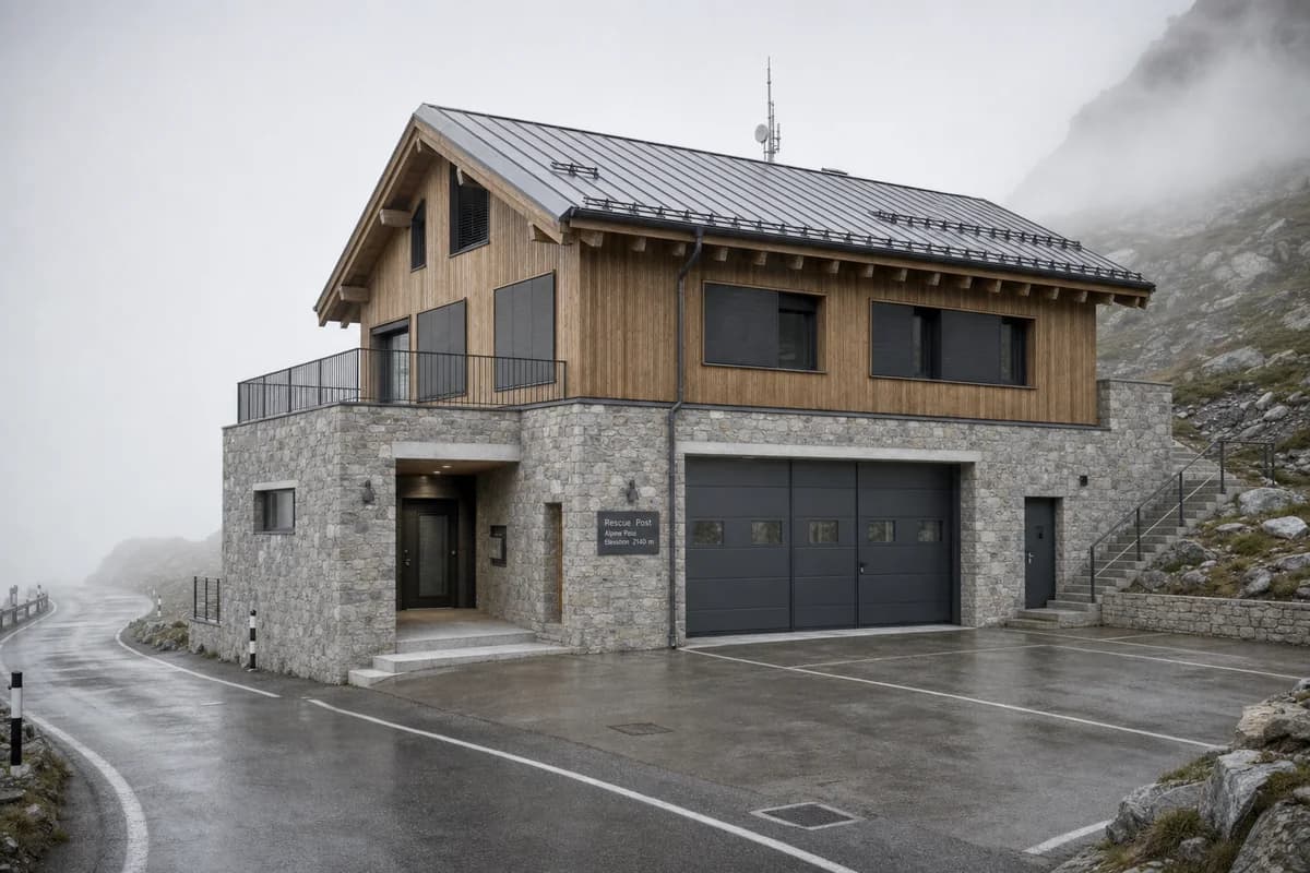 Stone and timber mountain rescue post in thin moving fog.