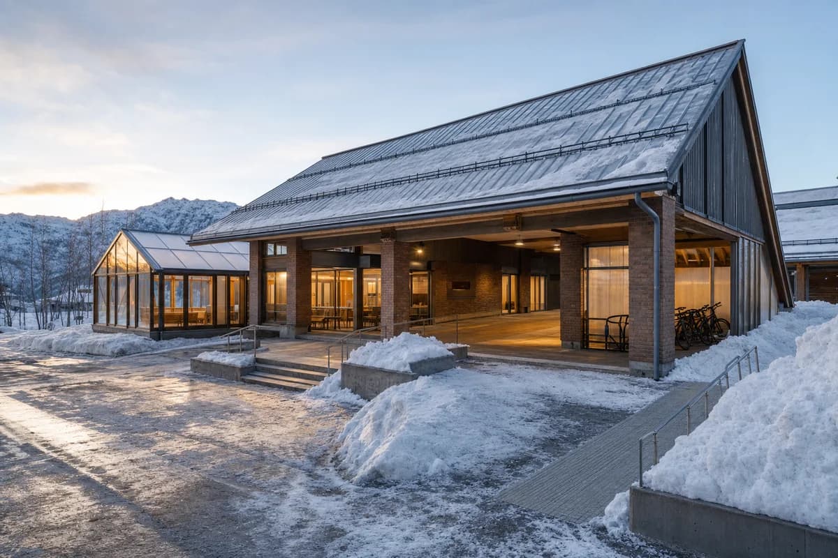 Unoccupied village mobility hall beneath a steep snow-shedding roof