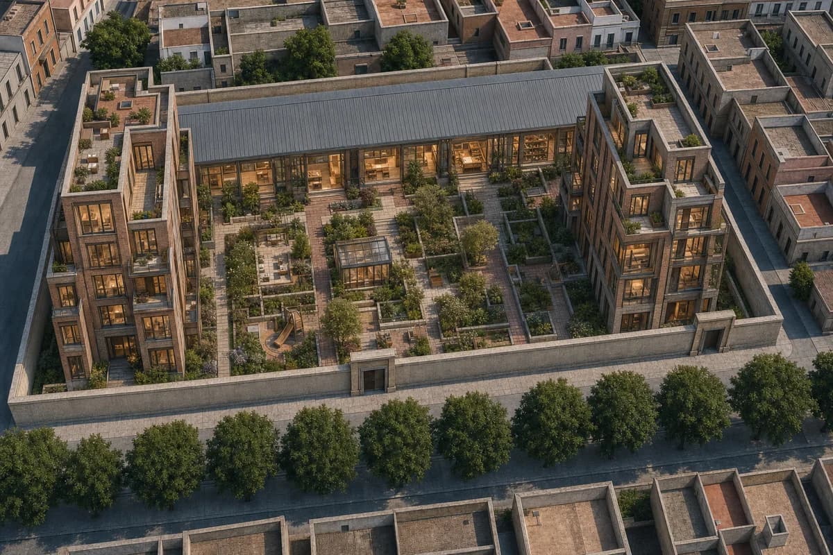 Unoccupied six-storey garden housing and neighborhood civic rooms within a preserved urban block