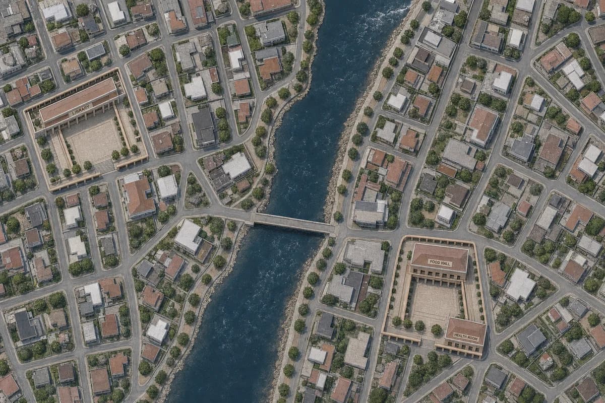 Unoccupied civic buildings and square inserted into a preserved fictional river town