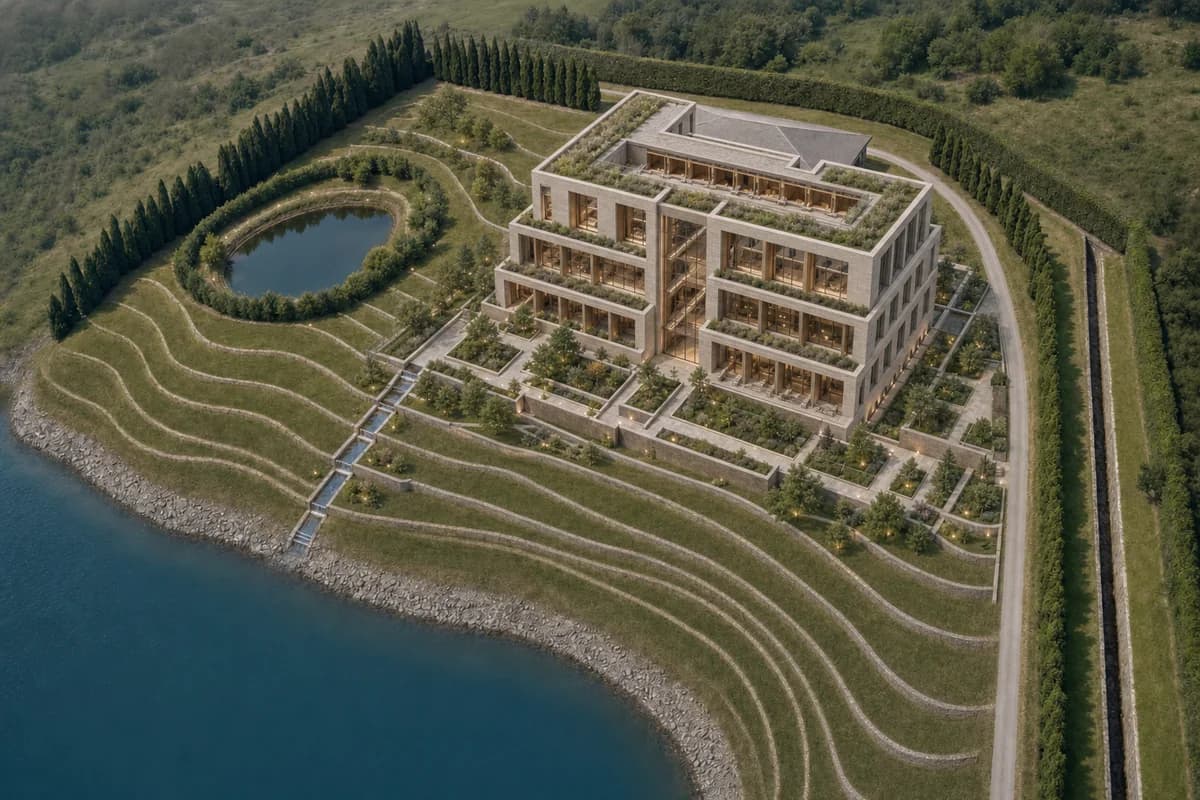 Unoccupied five-storey civic climate library and public gardens on an urban reservoir terrace