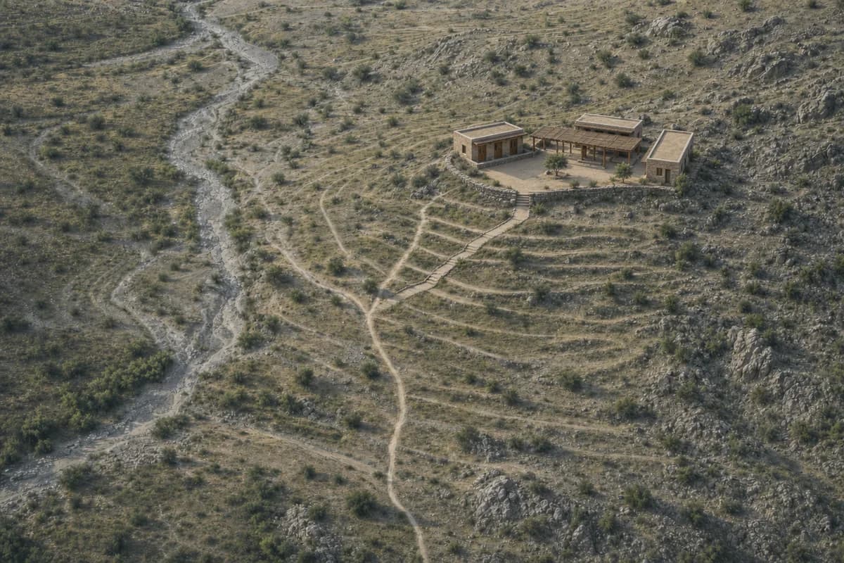 Rammed-earth field school placed on a preserved dryland terrace