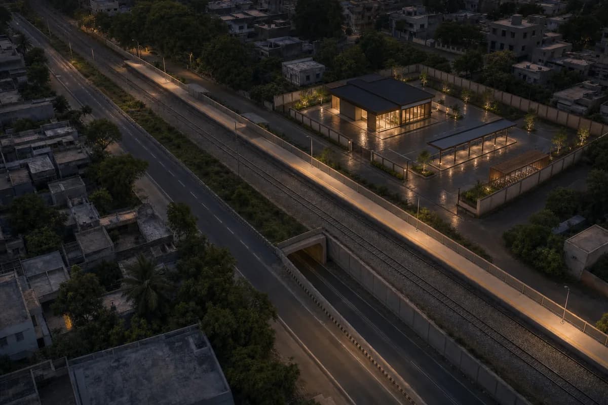 Unoccupied restrained evening mobility hub added to a preserved rail-edge parcel