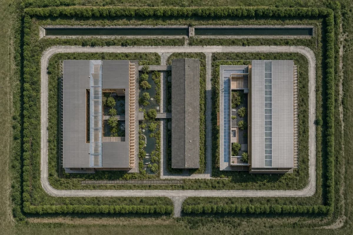 Alternate unoccupied render of the same science campus with the exact same prompt, camera, geometry, time, and light