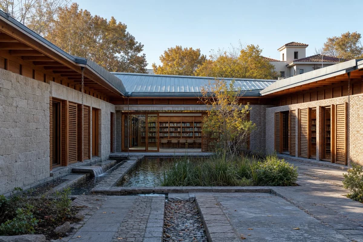 Unoccupied masonry and timber Mendoza library surrounding a shaded water garden.