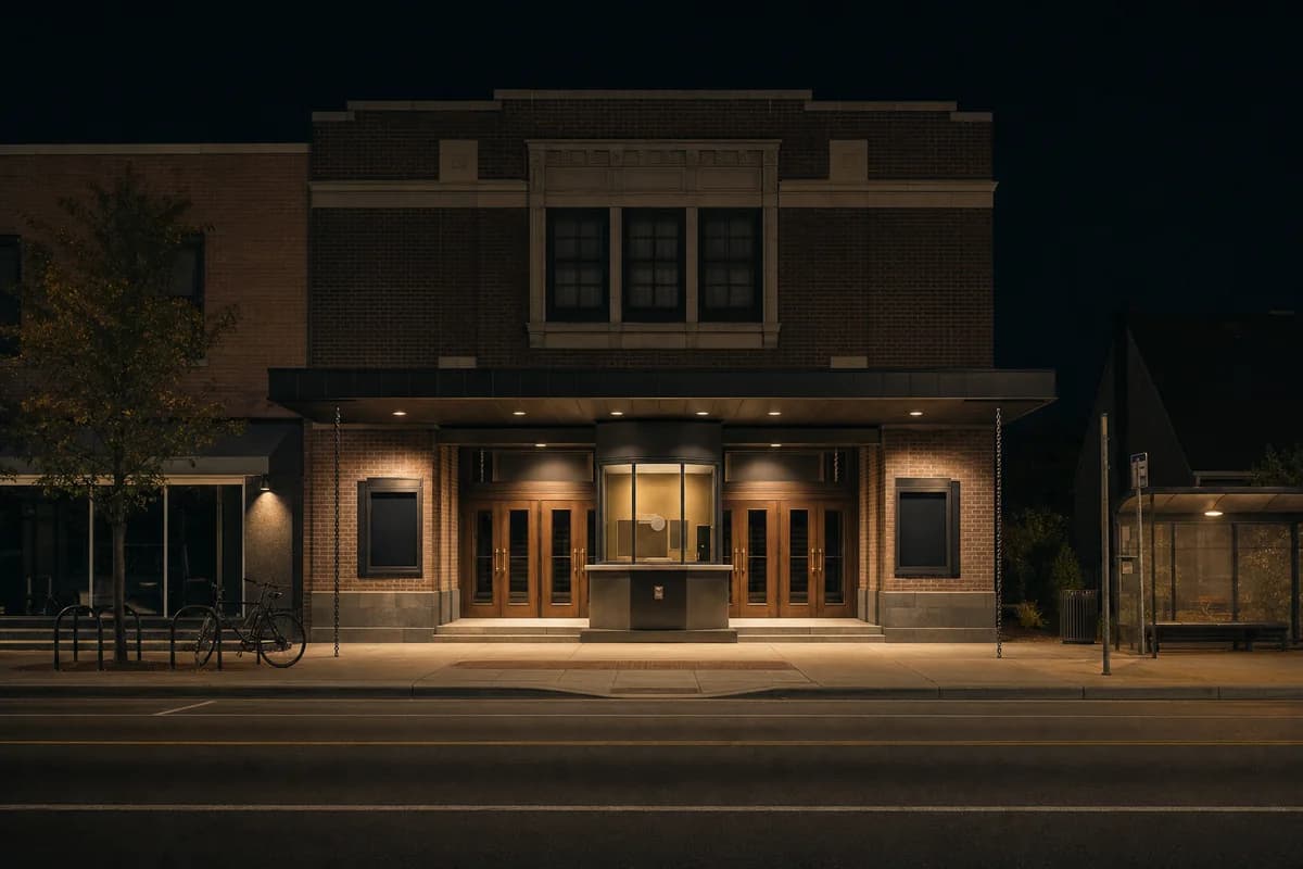 Unoccupied repaired local cinema under restrained practical lighting on a dark small-town street.