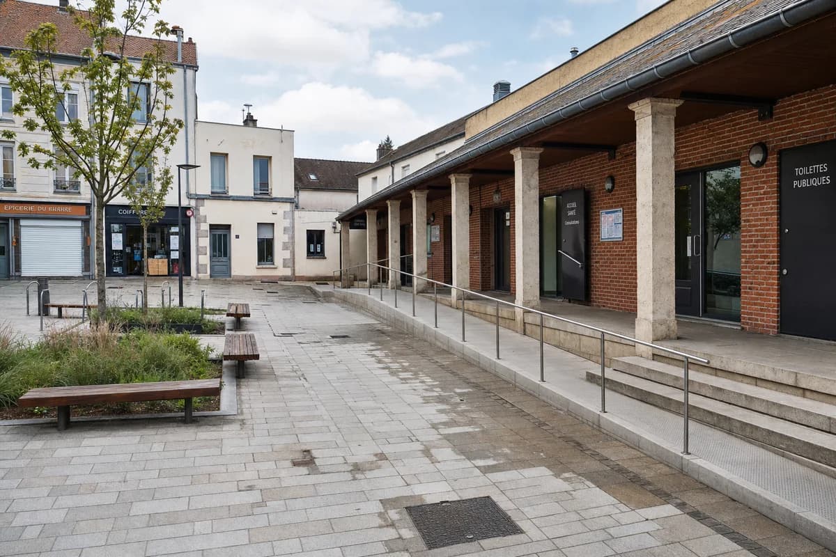 Unoccupied brick shared-services loggia and stone forecourt in late-summer daylight.