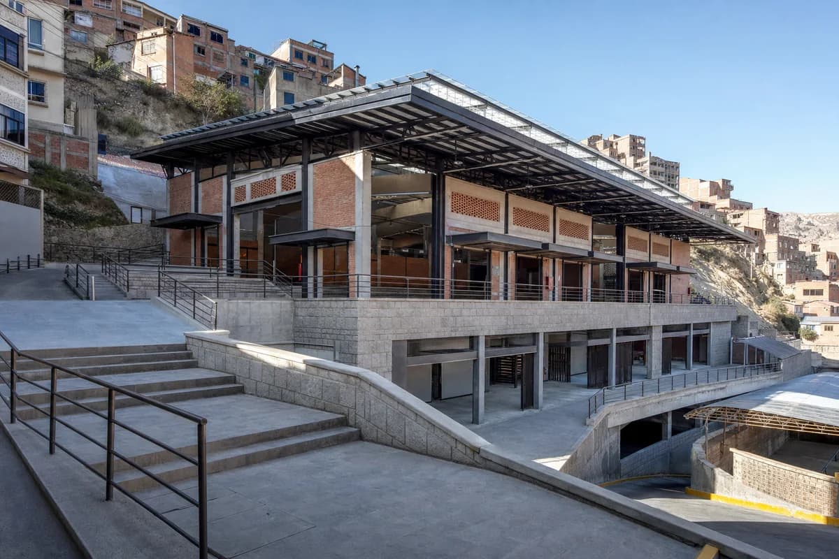 Stone and brick community market terraced into a La Paz hillside.