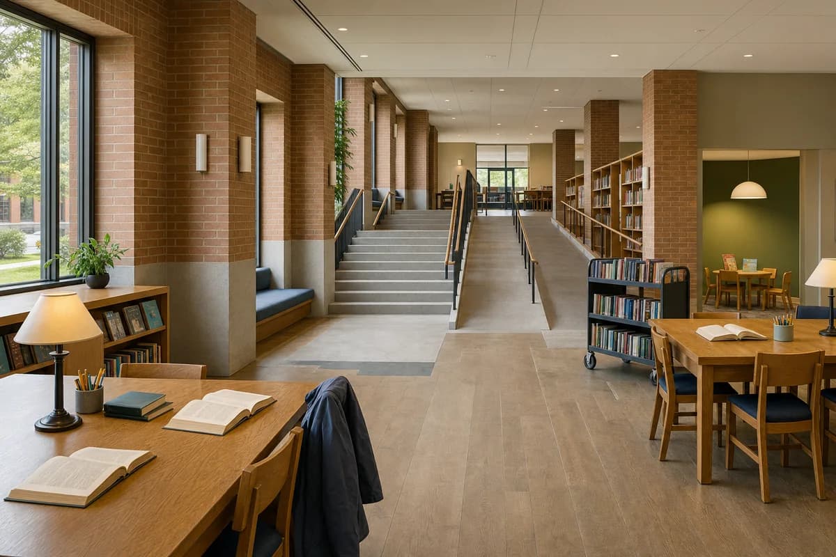 An unoccupied brick library hall prepared for opening in calm morning light.