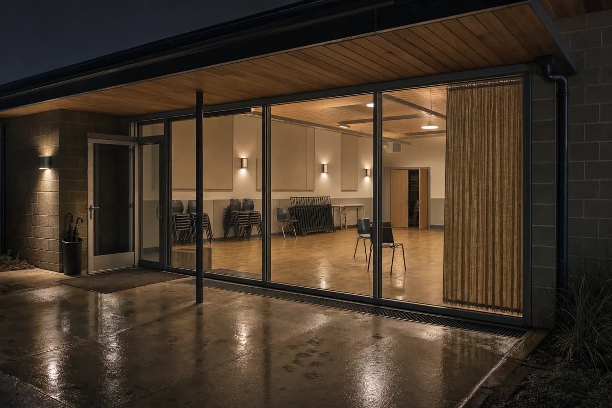 A second candidate of the same empty hall after rain with identical camera, geometry, furniture, time, lighting, and conditions.
