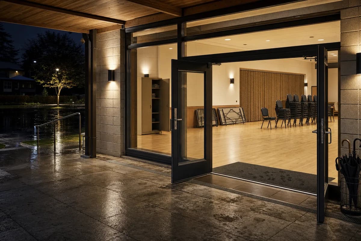 An unoccupied community hall glows behind a rain-darkened entrance.