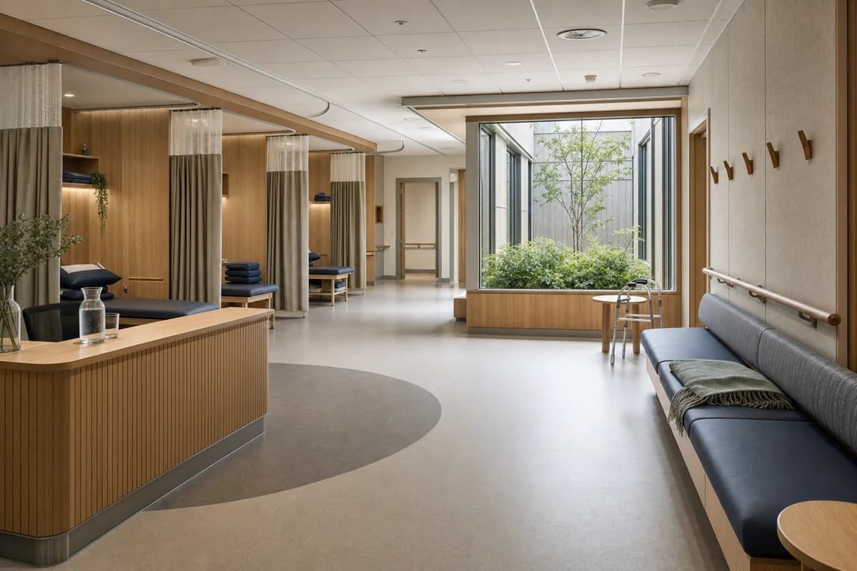 A second candidate of the same quiet clinic with identical camera, geometry, furniture, time, lighting, and conditions.