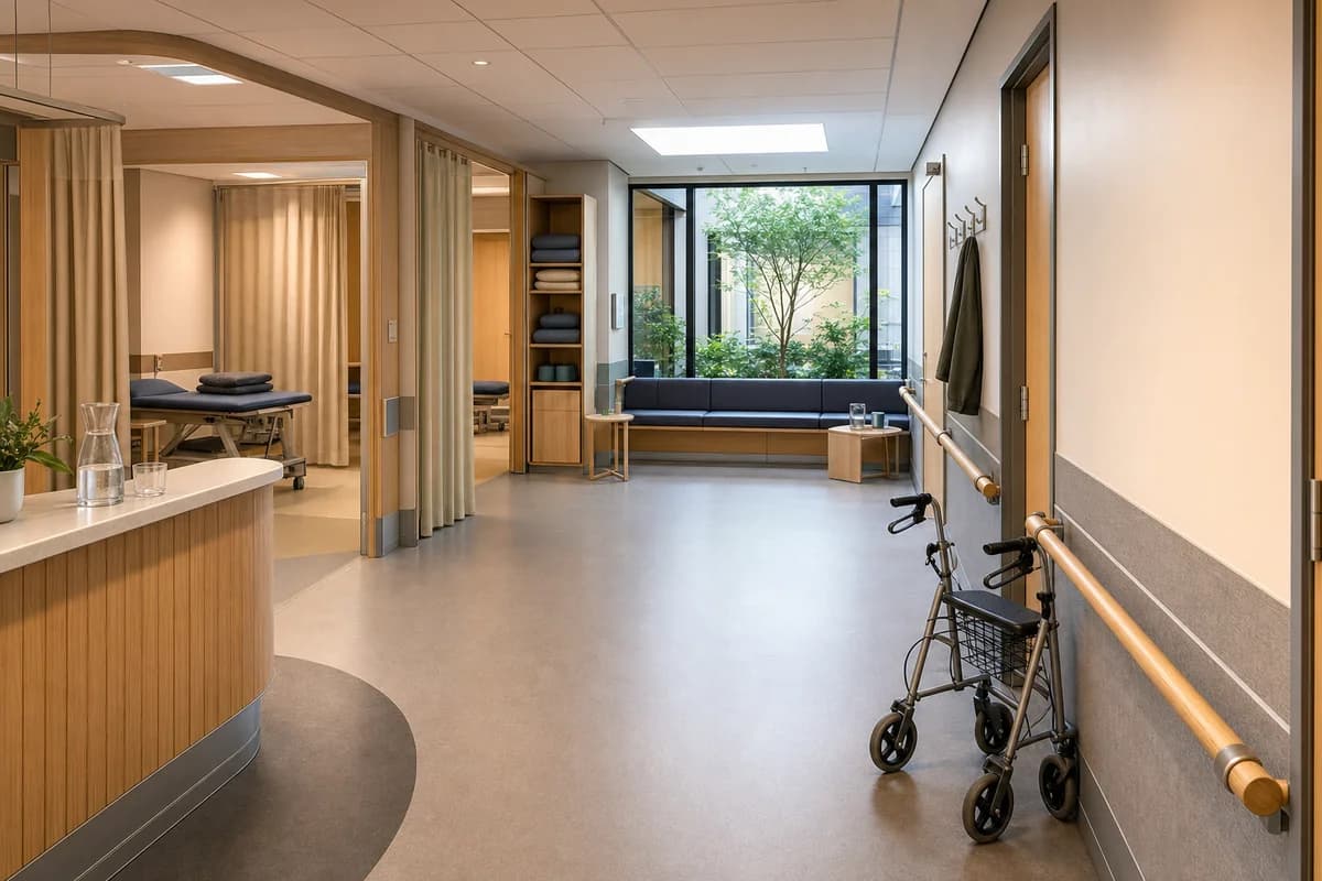 An unoccupied rehabilitation clinic with timber bays and accessible waiting furniture.