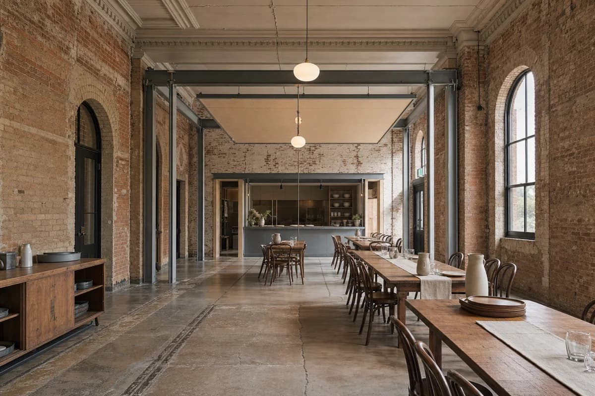 An unoccupied dining hall with reused timber furniture inside repaired brick walls.