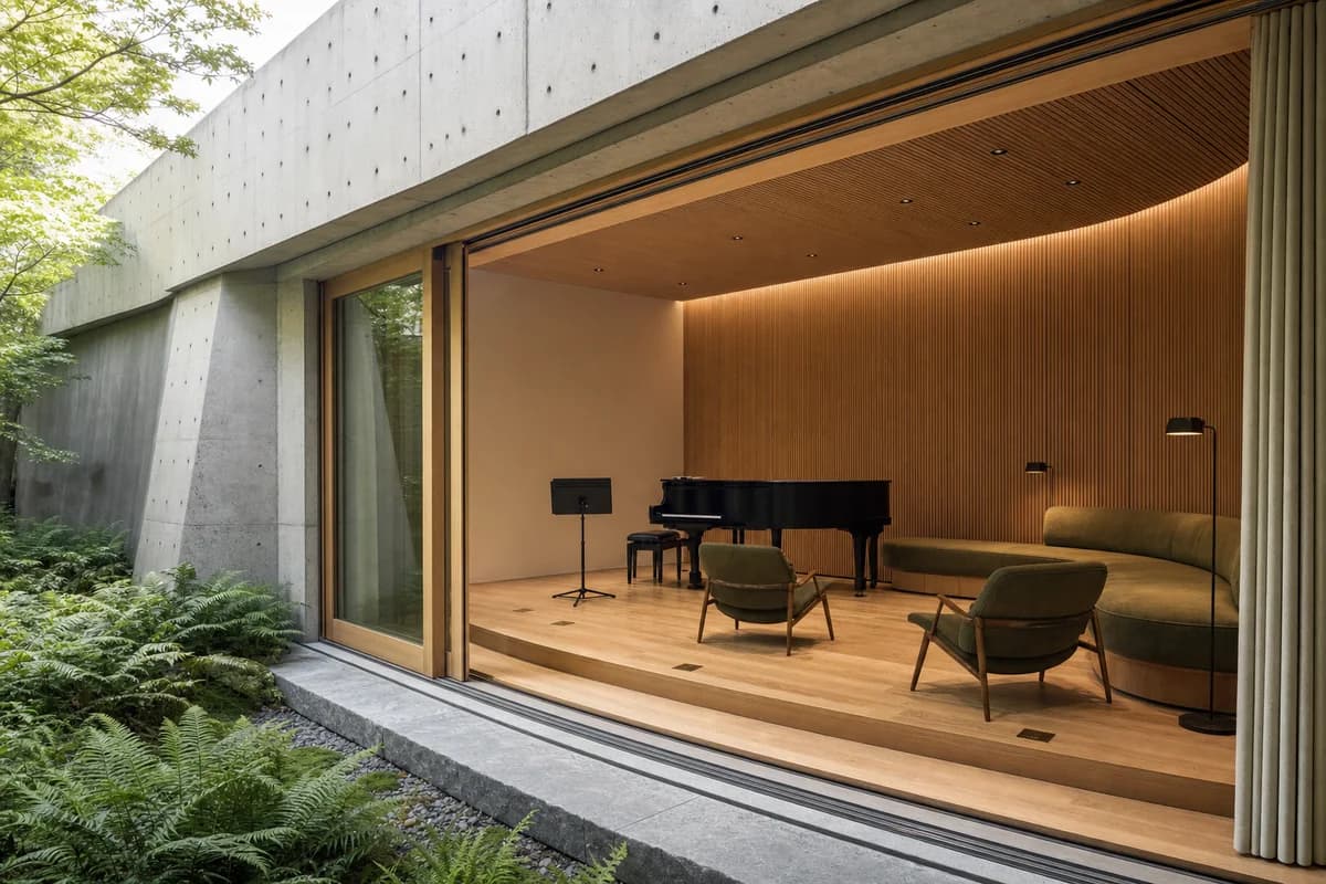 An unoccupied concrete and oak music room beside a fern court.