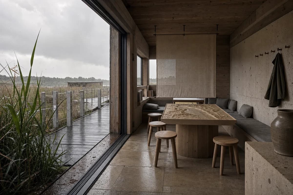 An unoccupied timber visitor room overlooks a rain-wet wetland walk.