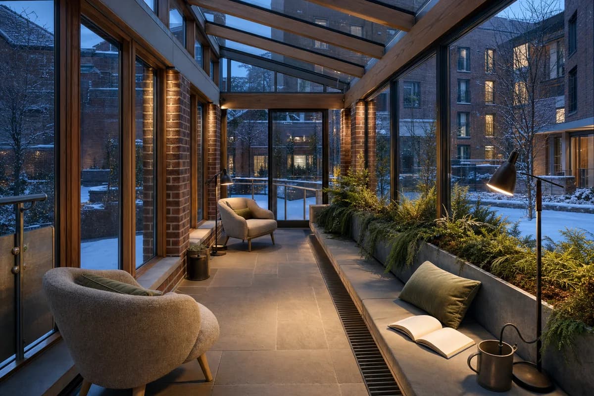 A second candidate of the same winter conservatory with identical camera, geometry, activity, time, lighting, and conditions.