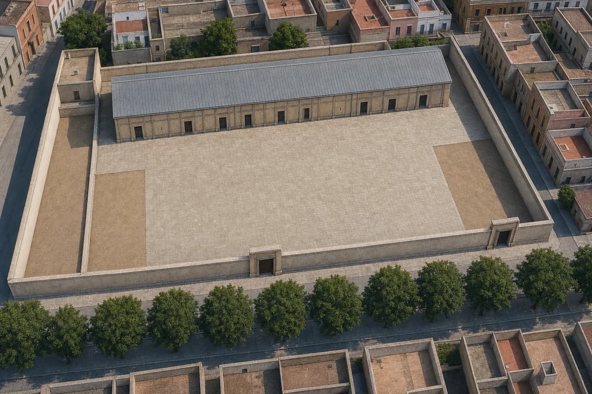 Neutral oblique aerial of a walled courtyard block with a retained civic hall