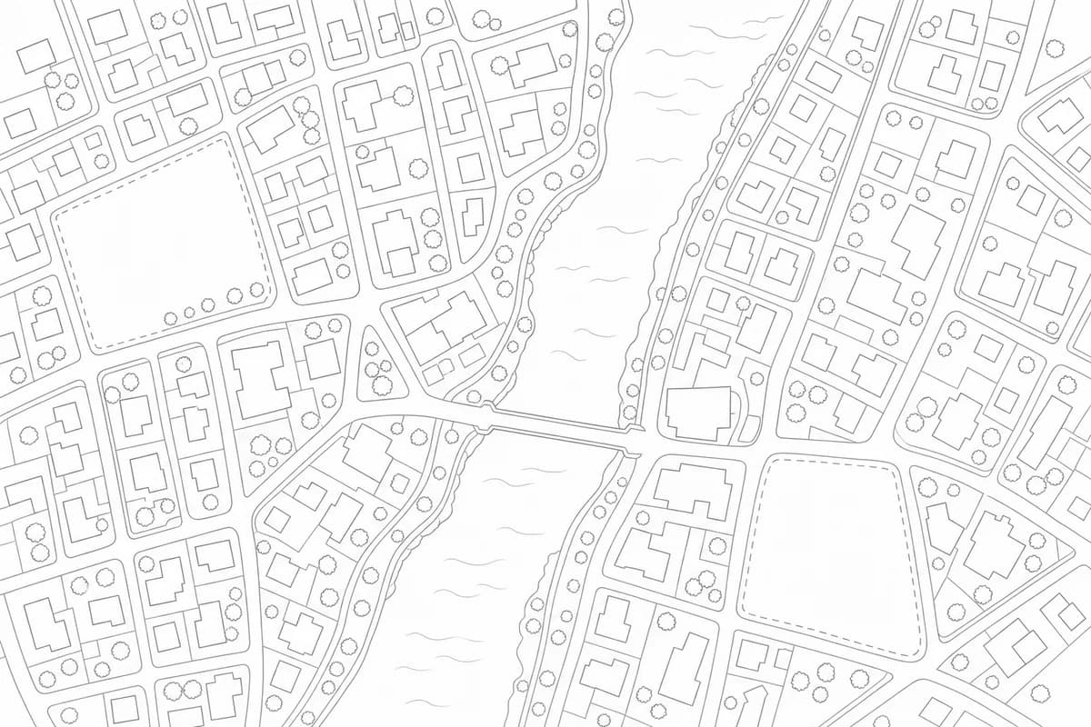 Fictional neutral map of a small river town center