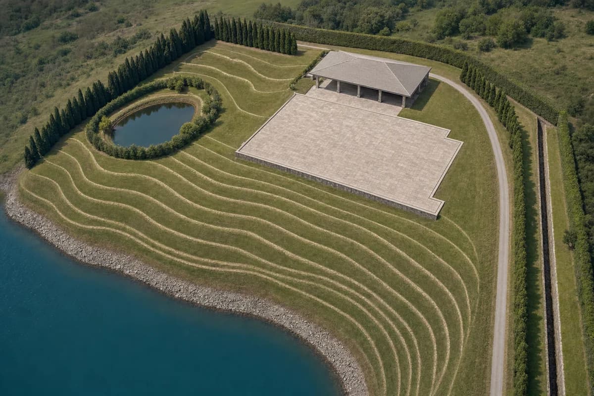 Neutral oblique aerial of a reservoir-edge site with a vacant paved terrace