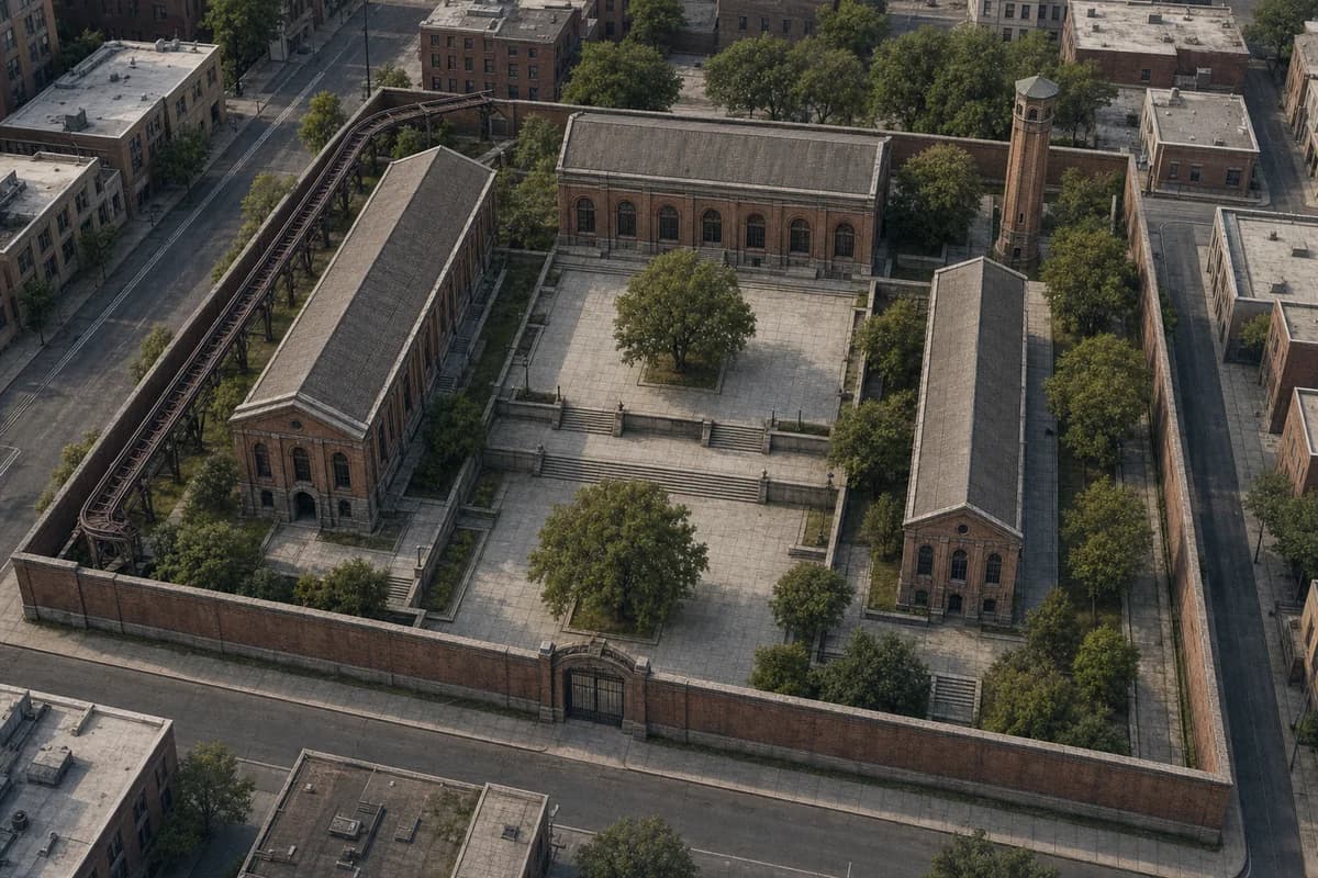 Neutral oblique aerial of an old brick civic campus with two open courts