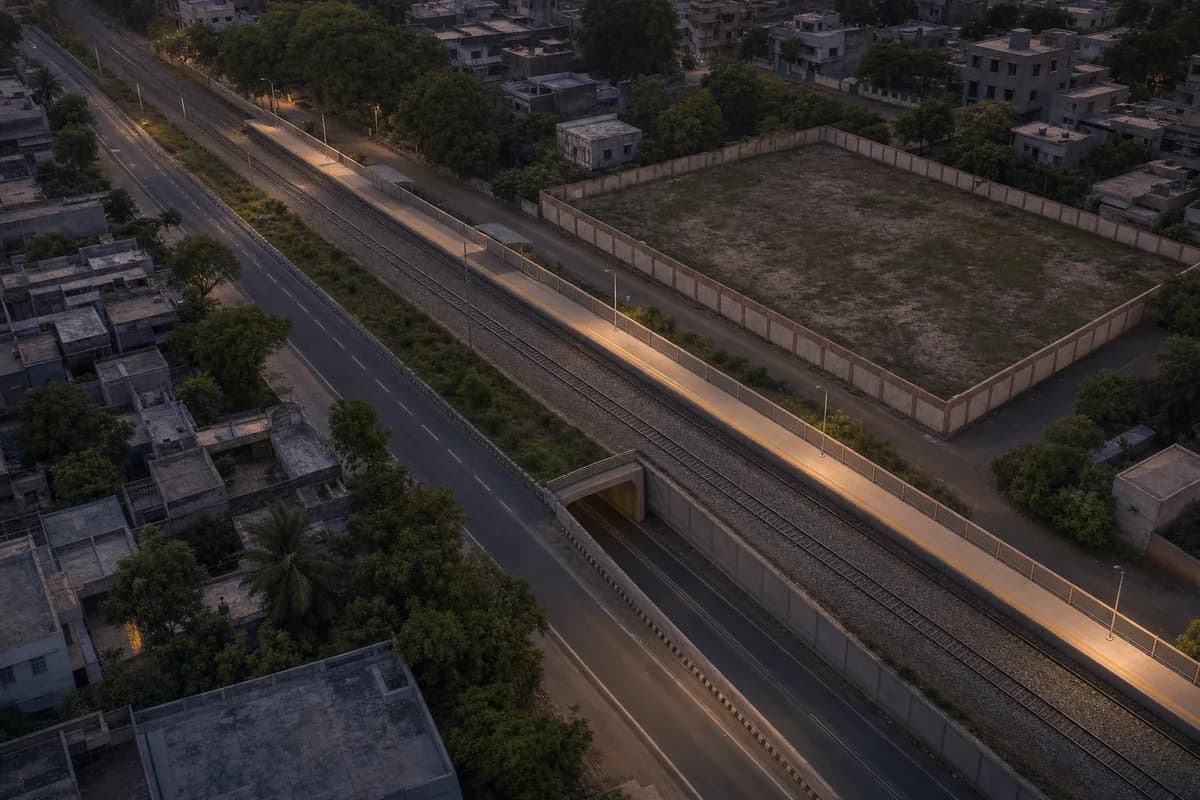 Fictional neutral oblique aerial of a rail-edge vacant parcel