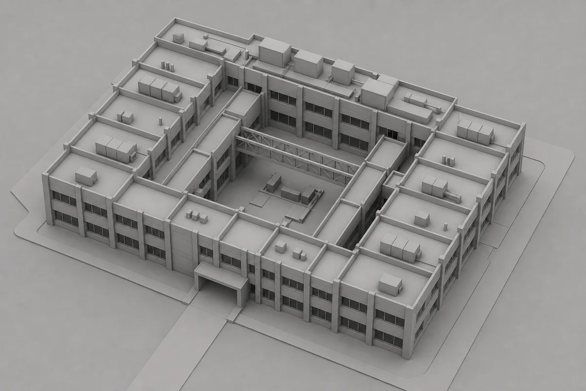 Fictional neutral gray clay model of a modular laboratory